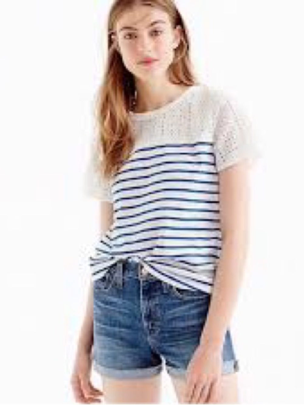 J. Crew White and Blue Eyelet Yoke Striped Short Sleeve Tee